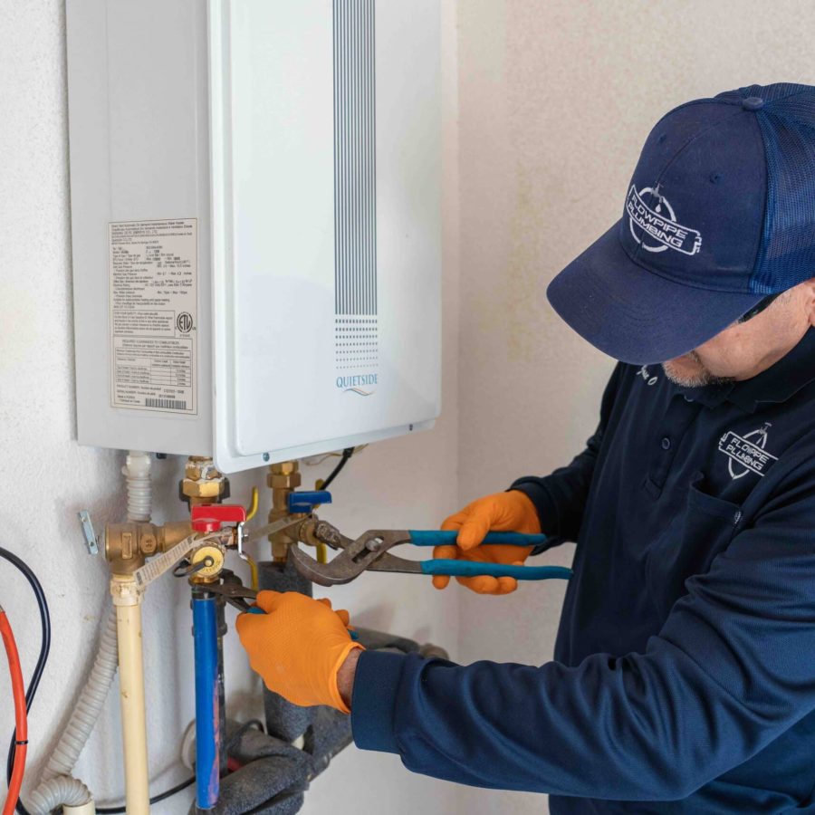Close-up of tankless water heater control panel